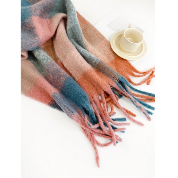 Plaid Multicolor Wide Shawl Scarf With Tassels Fuzzy Knit - Picture 5 of 6